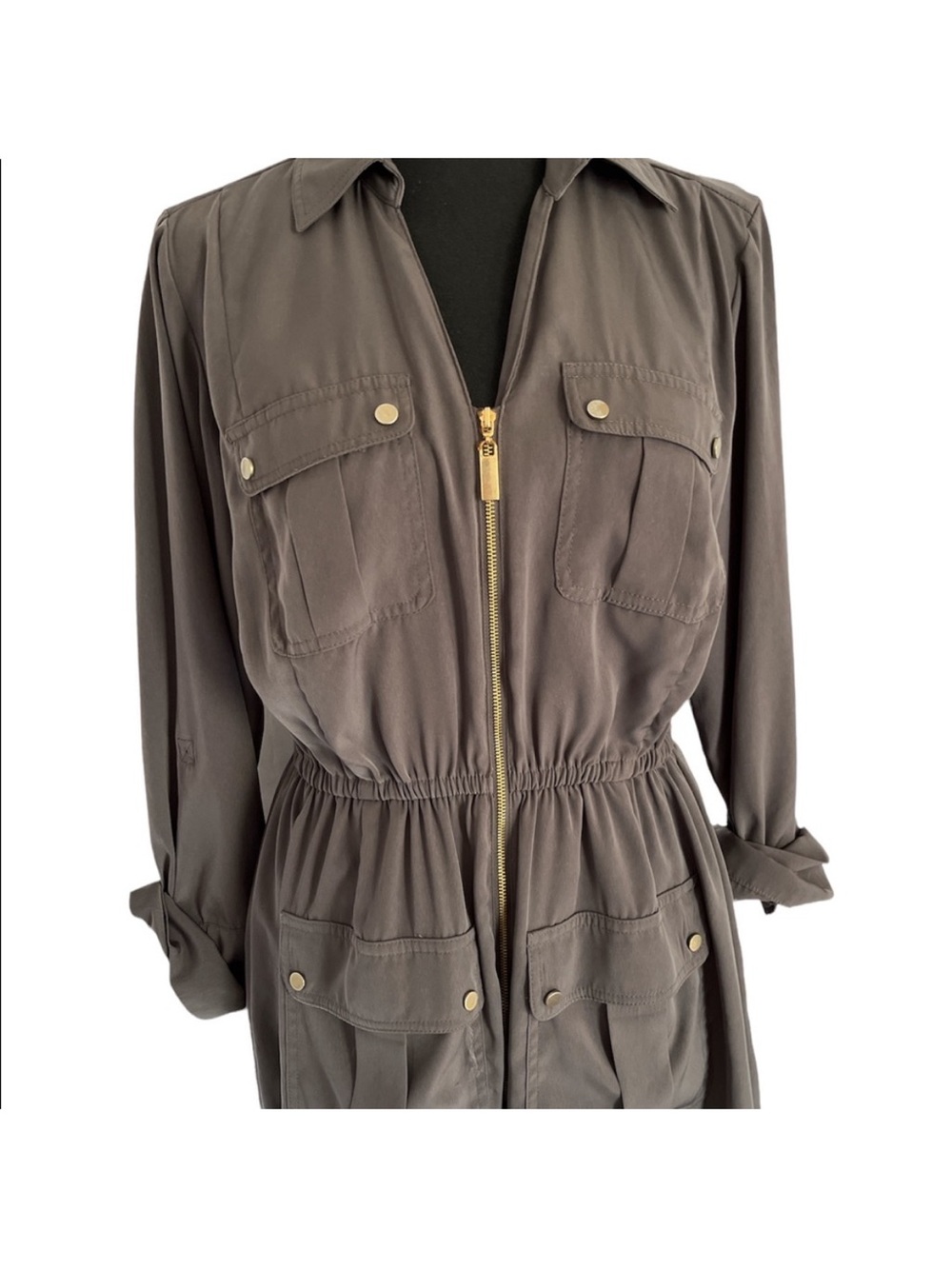 Alfani Long-Sleeve Utility Dress Olive Green w/Gold Hardware-missing 1 arm snap